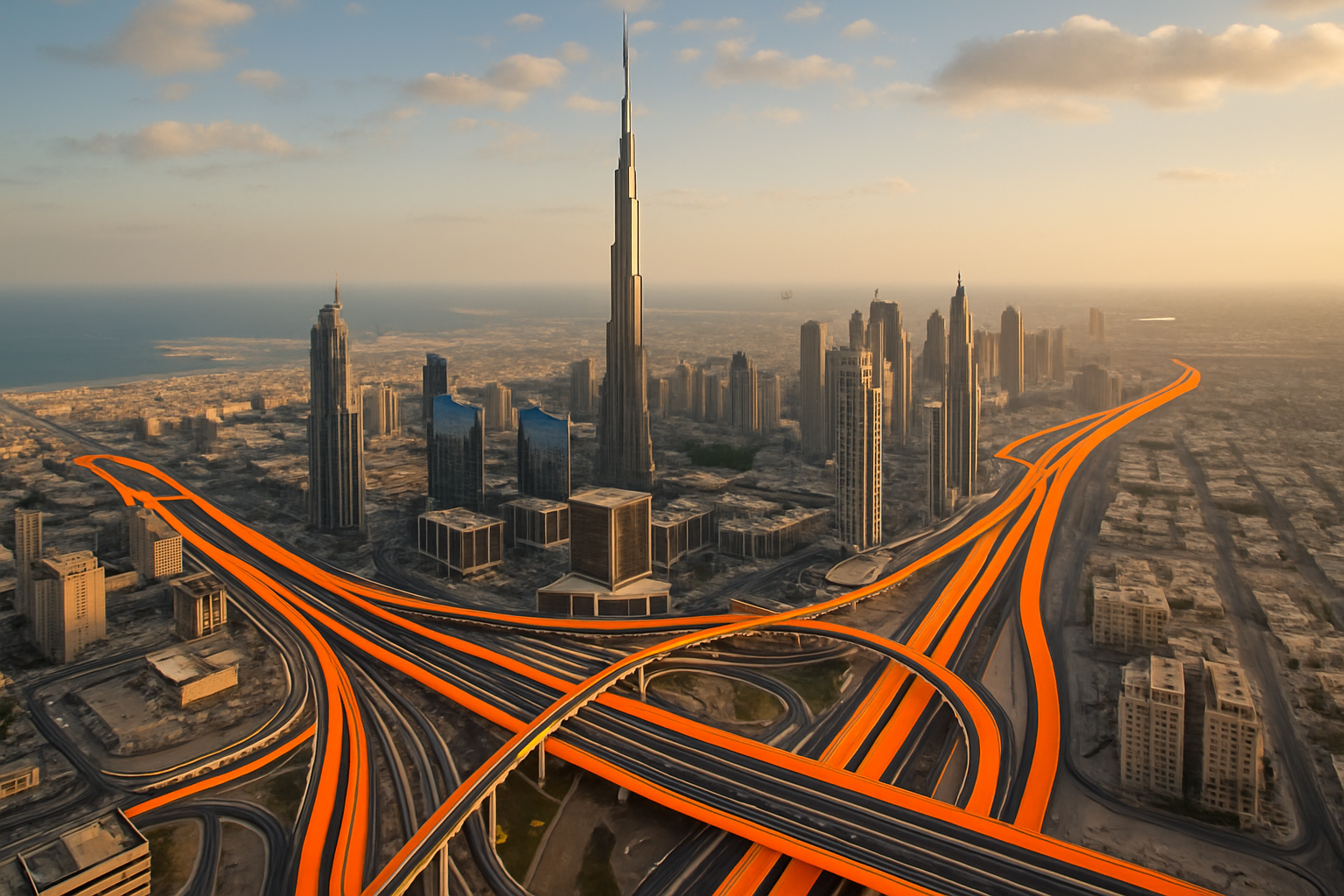 Dubai skyline with key toll roads highlighted