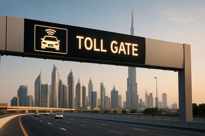 Dubai toll road electronic gate with city skyline