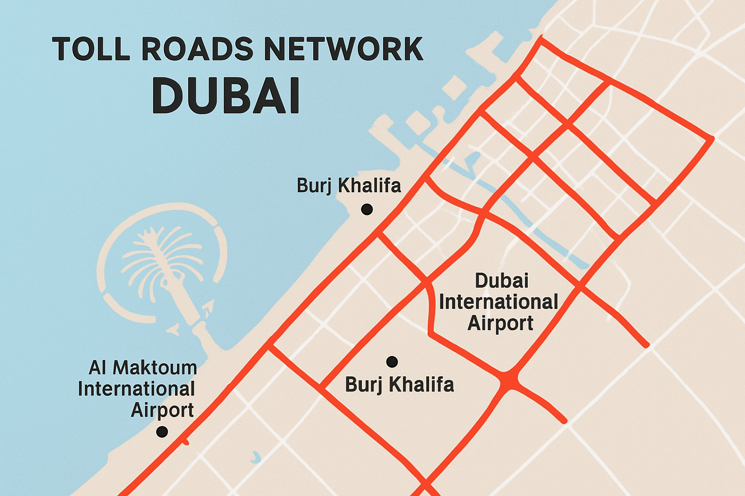 Dubai toll roads network map highlighting strategic locations